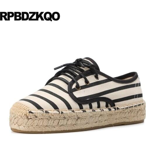 Retro canvas shoes cloth large size women hemp chinese spring autumn lace up flats espadrilles ladies breathable striped casual