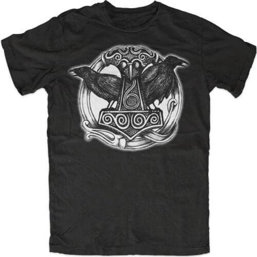 Hugin and Munin. Warriors Thor Hammer Odin Crow Viking Valhalla T-Shirt. Summer Cotton Short Sleeve O-Neck Mens T Shirt New