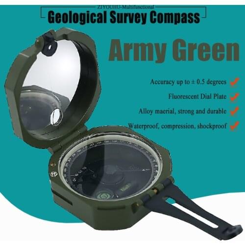 Military Multifunctional Fluorescent Geological Survey Compass Green Pocket Transit Waterproof & Anti-Shake for Outdoor Survival