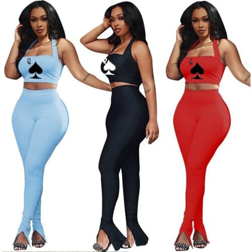 Echoine Women Q Print Sport Streetwear Tube top Tops Slit Flare Pants Suit Active Wear Tracksuit Two Piece Set Fitness Outfit