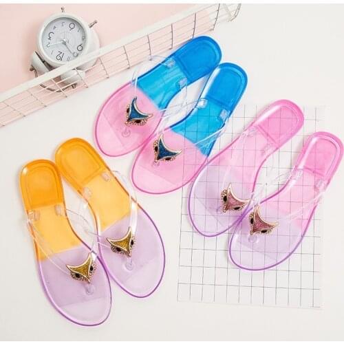 Summer Fox Head Crystal Flip-flops For Woman Jelly Transparent Beach Non-slip Flat Shoes Bathroom Plastic Couple Sandals