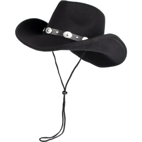 Men Wool Western Cowboy Hat With Roll Up Brim Jazz Cowgirl Cap With Metal Belt Fedora Sombrero Cap