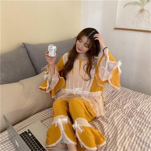 Slim home service suit autumn new female trumpet sleeve lace sexy pajamas loose plus size fashion nightgown net red nightwear