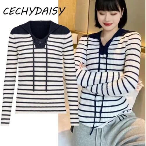 2021 Autumn Winter Clothes Knitted Sweaters Pullovers Women Casual Striped Long Sleeve High Quality Designer Button Up Traf Tops