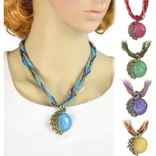 Bohemian Women Rhinestone Inlaid Peacock Round Faux Opal Pendant Necklace Gift ethnic