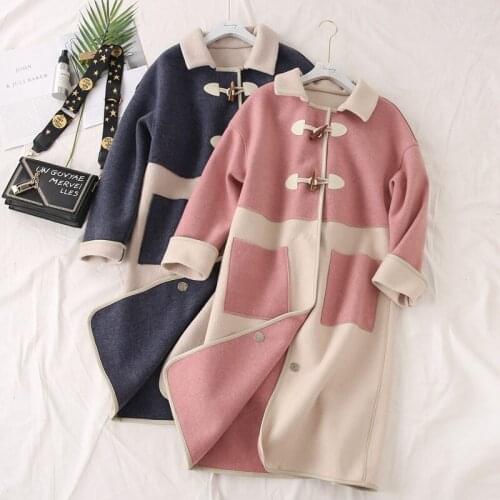 Fashion Hit Colors Patchwork Horn Buckle Women Woolen Coat New Large Size Autumn Winter Long Ladies Loose Blends Outwear f2255