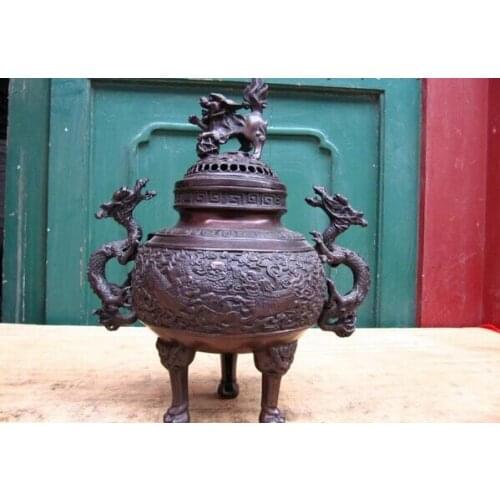 Song voge gem S1231 Tibet Buddhism Pure Bronze Two Dragon With Foo FU Dog Lion Censer incense burner