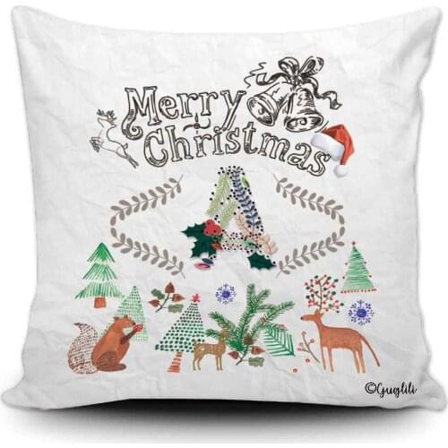 Merry Christmas Throw Pillow Cover Forest Animals Monogram 26 Initial Letter Decor Home Sofa Canvas Pillowcase 18x18 Inch