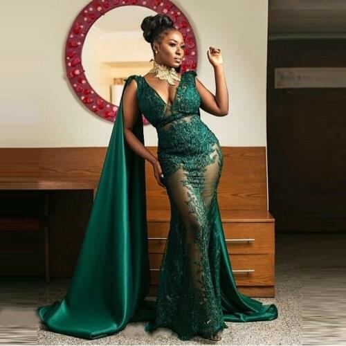 Sexy See Through Prom Dresses Formal Party V-Neck Mermaid Gown Arabic Aso Ebi Muslim Lace Applique Evening Dresses Plus Size