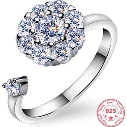 Silver 925 Beautiful Big Zircon Crystal Open Rotatable Rings Indian Fashion Creative Wedding Jewelry for Women