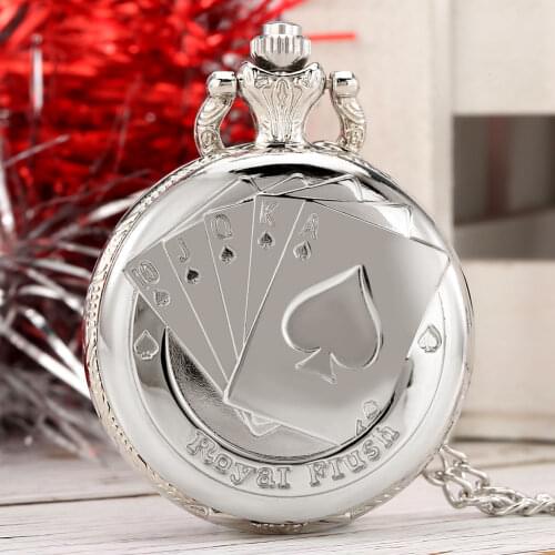 Silver Poker Pocket Watch Royai Fiush Exquisite Cover Poker Stars Roman Numerals Quartz Dial Necklace Slim Chain Gift For Friend