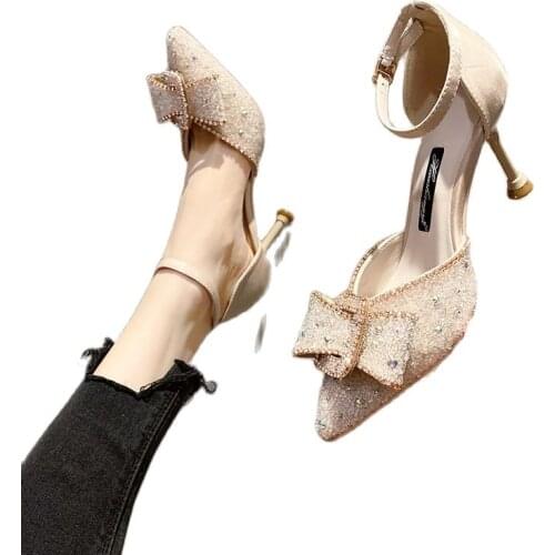 Rhinestone pointed high heels spring new bow stiletto with a word with a single shoe dress banquet wedding shoes fashion shoes