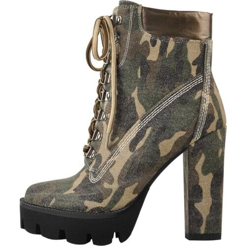 Richealnana Womens Black Camouflage Blue Platform Round Toe Lace Up Ankle Booties Chunky High Heels Flock Short Feather Inside