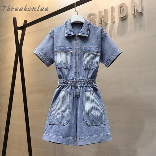 High Quality Womens Denim Shorts Rompers 2021 Spring And Summer New Fashion Korea Elastic Waist Thin Zipper Overalls Suit