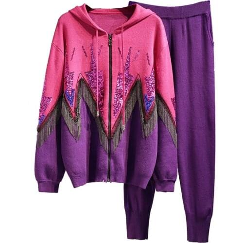 New Autumn Winter Women Sets High Quality Sequined Metallic Tassel Knitted Hooded Sweater Coat And Long Pant Two Piece Set