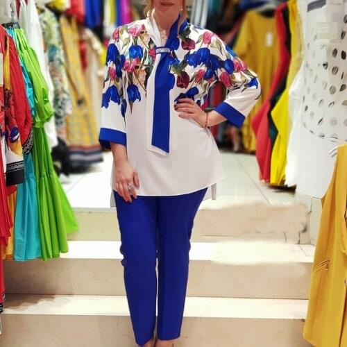 L-3XL Plus Size Office Lady Suit Two Piece Set Women Outfits 2 Piece Set Shirts Top And Pencil Pants Set Flower Print Tracksuit