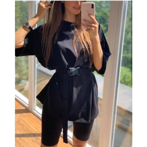 Summer Womens Casual T-Shirt and Shorts 2 Piece Sets with Belt Cotton Loose Tops Sets Female Black White Tracksuit Lady Suits