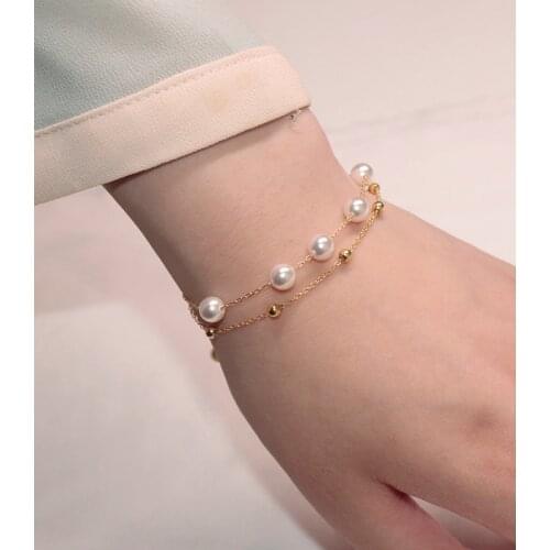 18K Solid Yellow Gold Jewelry(AU750) Women Double Pearl Bracelet Cross Chain Natural Pearl Small Gold Bead Bracelet Fashion Lady