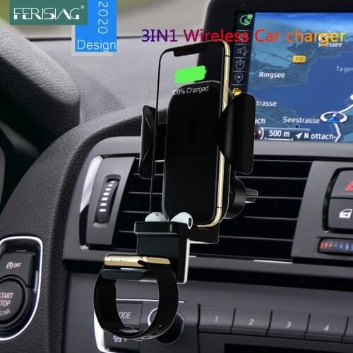 FERISING 3in1 Wireless Car Charger Air Vent Clip Mount Stand For iPhone 11/XS/X AirPods Pro Apple iWatch 5/4/3/2 Airvent Holder