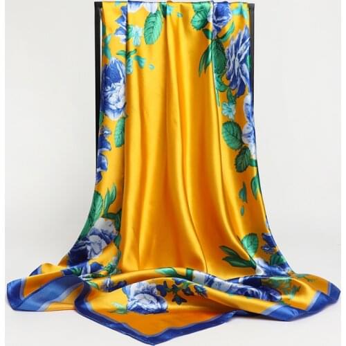 Flower Print Shawl Silk Square Scarf For Women Hair Bands Neckerchief Female Head Wraps Headband Foulard Satin Hijab Bandana
