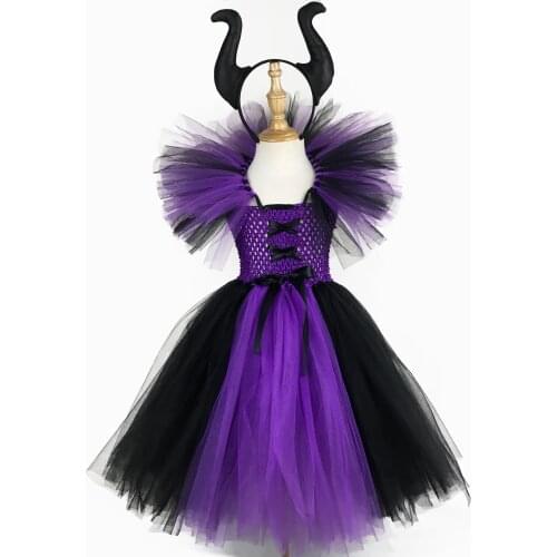 Girls Maleficent Witch Tutu Dress Kids Black Purple Crochet Tulle Dress Ball Gown with Hairbow Children Halloween Costume Dress