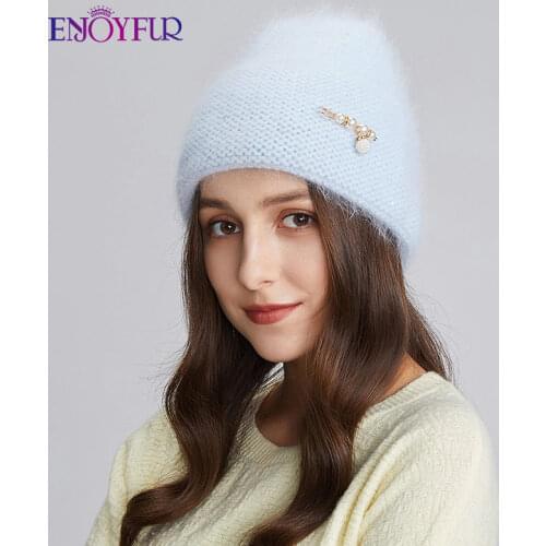 ENJOYFUR Warm Winter Hat Women Soft Angora Wool Knitted Caps For Female Fashion Cuffed Rhinestone Girl Skull Beanies Ski Bonnets