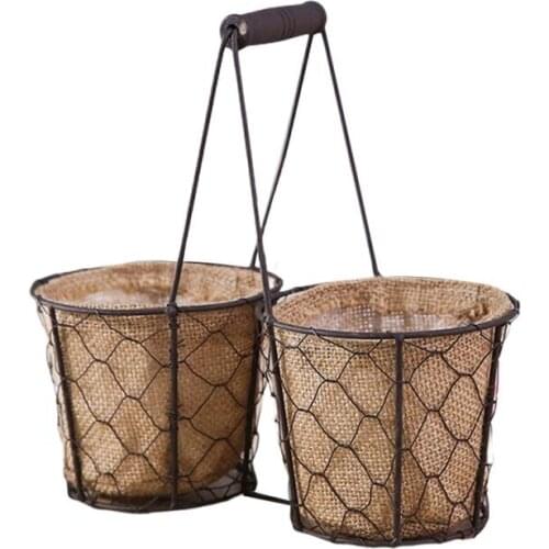 Artistic Flower Baskets Linen With Metal Wire Plant Stand Decor Hanger Garden Decoration Indoor Outdoor Hanging Baskets