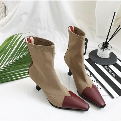 Famous Brand Autumn/Winter Boots Women Stretch Slim Leg Shoes Short Boots Mid-Calf Women Pointed Toe Patchwork Booties Ladies