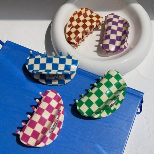 Checkerboard Hair Clip Acetic Acid Shark Claw Clip Hairpin for Women Bathroom Makeup Hair Accessories HUANZHI 2021 New Trend INS