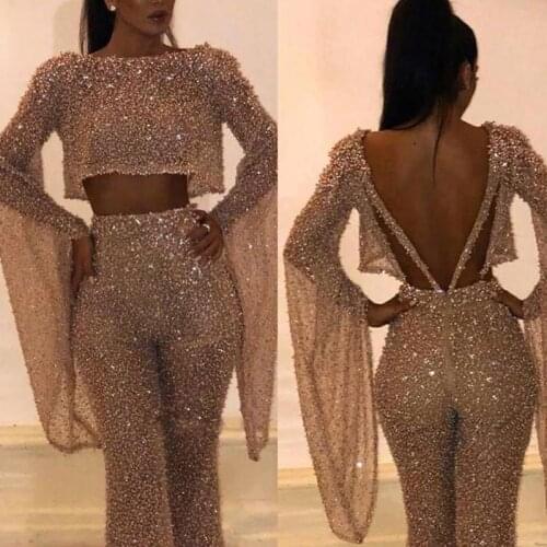 Women Party Elegant O-Neck Gilding Jumpsuit Long Sleeves Bling Backless Sexy Fake 2 Piece Set Rompers Modern Ladies Streetwear