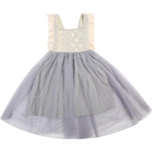 Summer back V lace bow yarn dress grey dress girl
