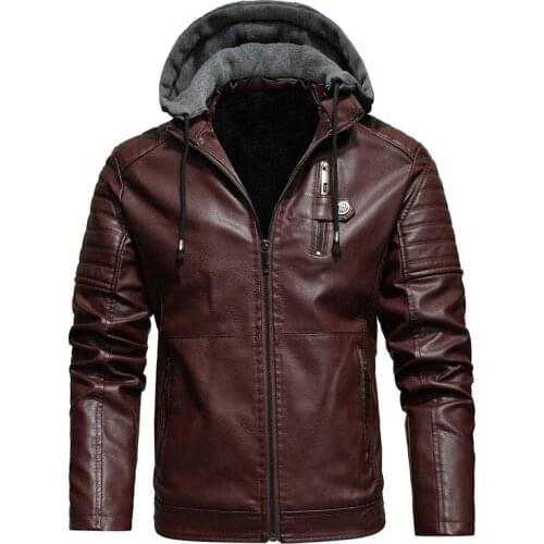 2021 Newly Fashion Winter Jackets Men Hooded Coats Thick Velvet PU Leather Jacket Hombre Windproof Warm Parka Men Biker Chaqueta