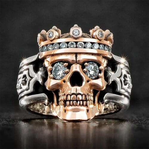 Mens Zircon Ring Fashion Rose Gold Silver Plated Ring Skeleton King Enamel Crown Jewelry Suitable for Husband Father Size 6-13