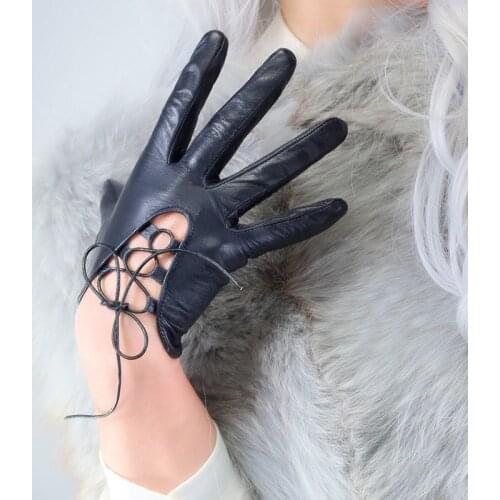 Real Leather Gloves Female Ultra Short Style Ropes Retro Hollow out Black Pure Sheepskin Women Gloves Touch Screen WZP49