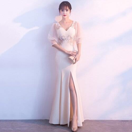 Champagne Floral Applliques V Neck Mesh Half Sleeve Mermaid Long Wedding Cocktail Party Dress Elegant Dresses Sexy Club Wear