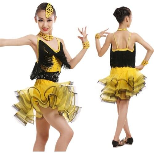 Professional Children Latin Dance Clothing Girls Tassel Latin Dance Skirt Costumes Competition Dancewear Dress 4 Colors