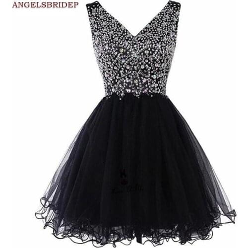 Sexy V-Neck Black Homecoming Dresses Graduation Gowns Crystal Tulle Special Occasion Party Gowns Online Hot