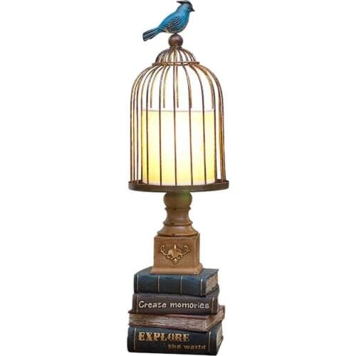 Loft Blue Resin Bird Table Light Metal Cage Lampshade American Study Room Desk Lamp Decorative House Table Lamp Lighting Fixture