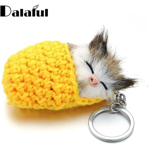 Creativity Faux Rabbit Fur Kitten Handmade Woven Fluffy Key Chains Lovely Sleeping Cat Pompom Keychains For Women Girls GiftK381