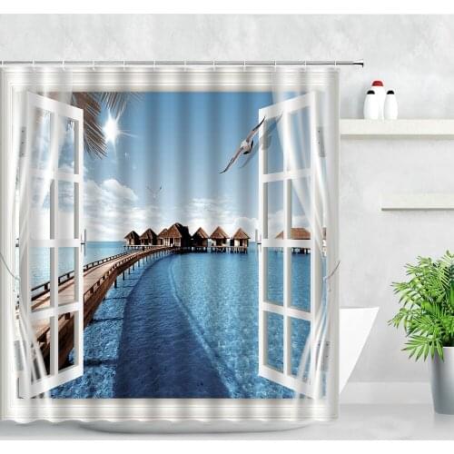 3D Window Ocean Wooden Bridge Resort Scenery Shower Curtains Modern Wall Background Decor Cloth Waterproof Bathroom Curtain Sets