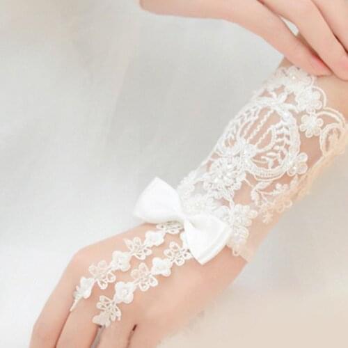 Embroidery Floral Lace Short Wedding Gloves Satin Bowknot Beaded Bridal Mittens