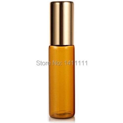 Factory price 5ml 1/6OZ Refillable Amber Brown Glass Roll On Essential Oils Bottle + Metal Roller Ball - Gold cap 2000PCS