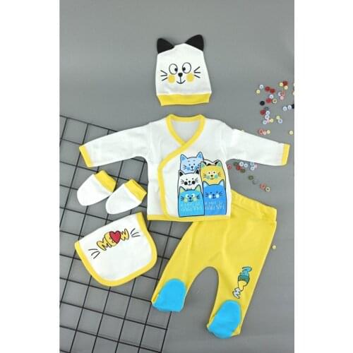 Yellow Cat Pattern Baby 5'Li Hospital Output The Zibin Set Cotton Baby Gift Layette Hospital Outfit Baby Set 0-3 14months Soft