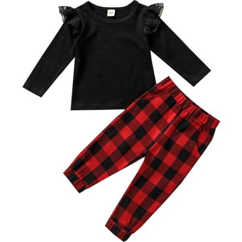 0-4Y Fashion Kids Baby girl Clothing Girl Outfits Black Long Sleeve Ruffle detail T-shirt Tops+Plaid Pants Outfit 2pcs