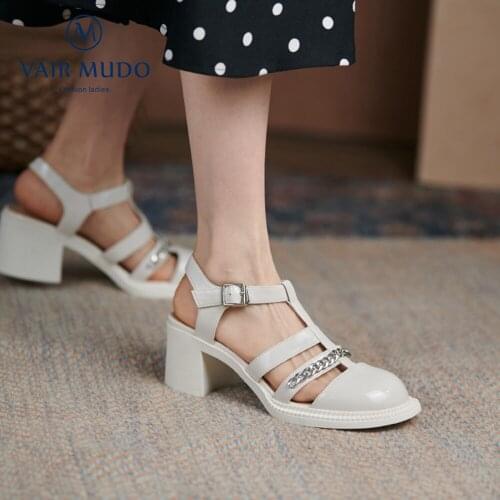 VAIR MUDO Women Pumps Shoes Rounde Toe Mary Janes High Heels Patent Leather Solid Casual Metal Decoration White Black D221L