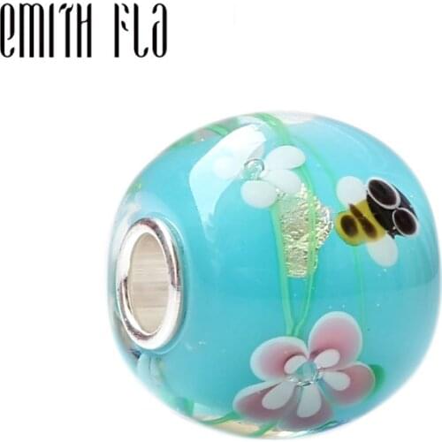 Emith Fla 100% 925 Sterling Silver Large Hole Honeybee Flower Charm Bead Fit European Bracelet Bangle Jewelry DIY Accessories