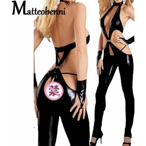 Women Lingerie Exotic PVC PU Patent Leather Catsuit Sexy Sissy Pole Dance Costumes Latex Bodysuit Stretch Open Crotch Nightwear