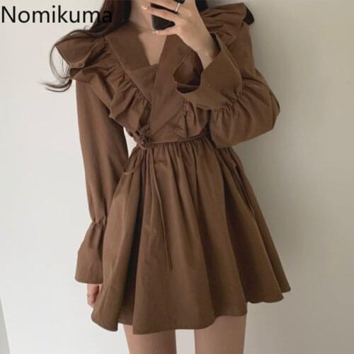 Nomikuma Ruffle Patchwork Vintage Dress Women Unicolor Slim Waist A Line White Dresses V Neck Long Sleeve Korean Chic Robe Femme