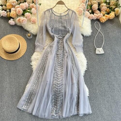 Summer Dress 2021 New Round Neck Perspective Long Sleeve Waist Lace Big Swing Mesh Woman Dress