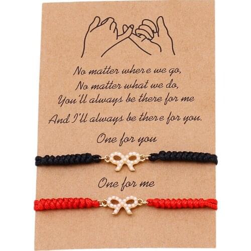 2 PCS/Set Cute Tiny Pearl Bow Charm Bracelet Set for Couple Sisters Magnets Attract Chain On Hand Woven Bracelets Jewelry Gift